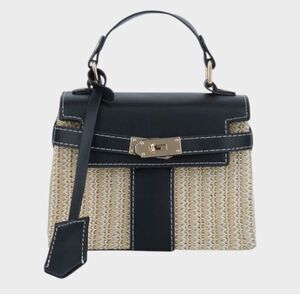 Kurava Woven Straw Handbag with Crossbody Shoulder Strap and Black Accents NEW